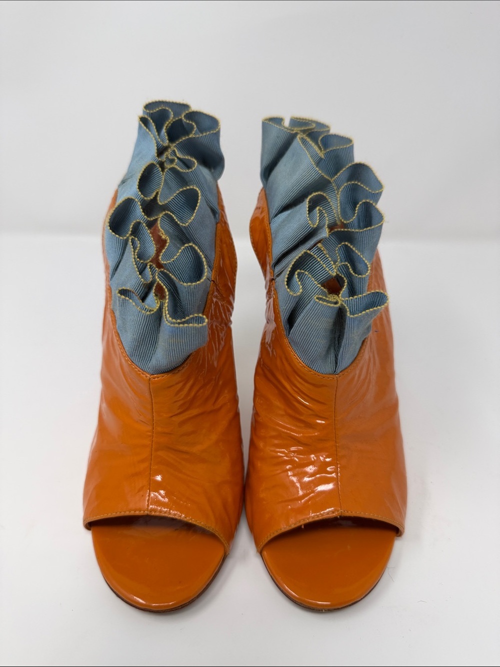 Sergio Rossi Orange Patent Peep-Toe Ruffle Ankle Boots